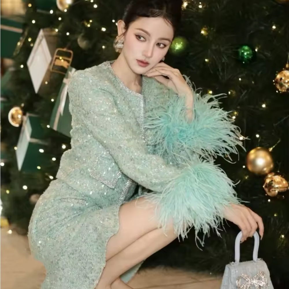 Mint Tweed like Blazer with Feather Detail - Picture 5 of 8